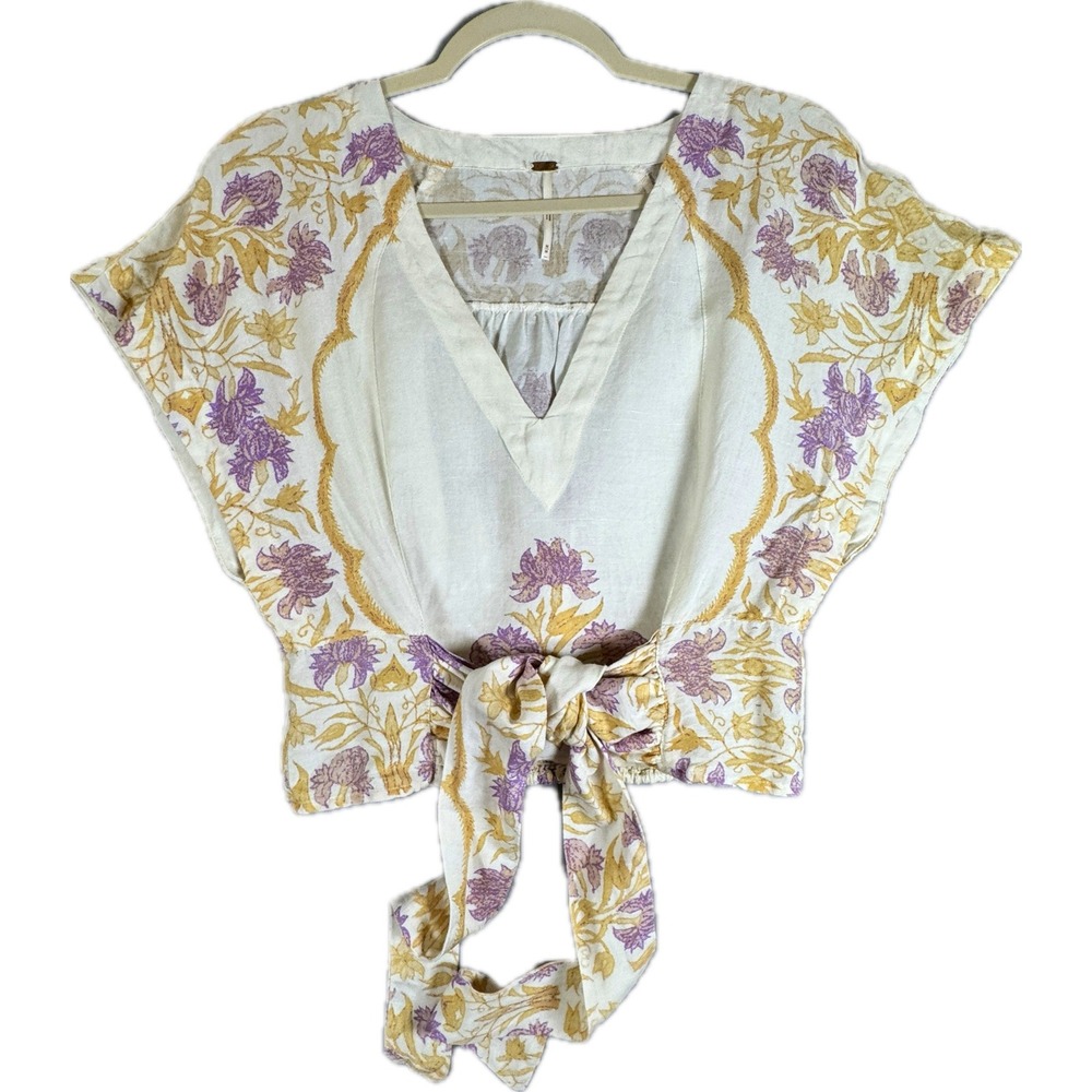 Free People Arielle Tie Front Top Women Medium Ivory Floral Linen V-Neck
